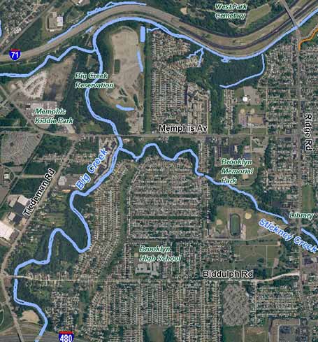 Aerial: Big Creek north course through Brooklyn with Stickney Creek